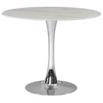 Meridian Furniture - Holly Faux Marble Top Dining Table, Chrome Base, 36" Round Top - Add the Holly 36" dining table to your kitchen, den or office to enjoy its petite size and elegant lines. The tabletop is made of 10MM thick glass with a glamorous marble veneer. A shiny gold pedestal base adds to the appeal of this gorgeous piece, and lets it fit into smaller spaces comfortably. Choose from a wide array of available matching chair styles to complete your contemporary style decor.