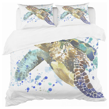 Blue Sea Turtle Illustration Nautical and Coastal Duvet Cover, Queen