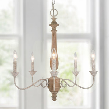 Lnc 5-Lights Farmhouse Antique Off-White Wood Metal Candle Shade Chandelier