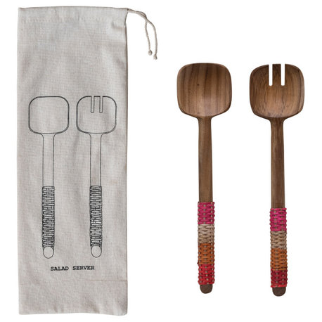 12" Teakwood Kitchen Salad Servers, Rattan Wrapped, Multicolored, Set of 2
