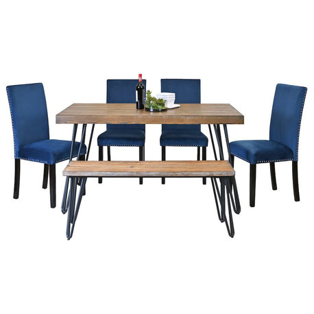Ashzo 6-Pc Dining Set, Hairpin Dining Table with 4 Chairs and Bench, Blue