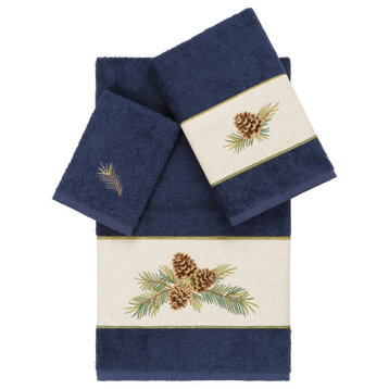 Linum Home Turkish Cotton Pierre 3-Piece Embellished Towel Set, Midnight Blue