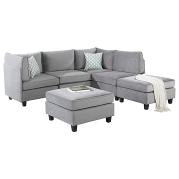 Simona 6 Piece L Shape Flexible Modular Sectional Sofa, Gray Velvet