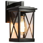 LNC - LNC 6" Modern 1-Light Black Lantern Outdoor Wall light - Amp up your home's curb appeal with this modern black outdoor sconce. It's crafted with an open metal frame that strikes a rectangular silhouette and is finished in a black hue for neutral appeal. Inside, a cylindrical glass shade surrounds a 60W bulb (not included), creating a warm glow that's a cozy greeting for you and any guests. Plus, it's rated for safe use in wet locations, so you can mount it in uncovered outdoor areas without worry.