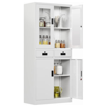 Metal Storage Display Cabinets, Locking, Adjustable & 2 Drawers, White