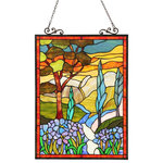CHLOE Lighting - Almos Tiffany-Glass Floral Window Panel - ALMOS, a floral design window pane in pleasing pastels to bring color and interest to any room. Expertly handcrafted with top quality materials including real stained glass. The metal frame is finished in an antique bronze patina, features designer anchors and a chain for easy hanging.