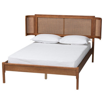 Walnut Brown Finished Wood and Natural Rattan Queen Size Platform Bed