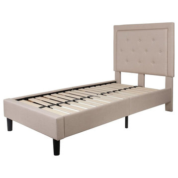 Contemporary Twin Size Bed Frame, Button Tufted Polyester Headboard, Beige