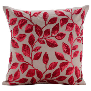 Red Sequins Flower 12"x12" Cotton Linen Mocha Cushion Covers, Fall Red Leaves
