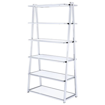 Modern Bookcase, Chrome Finished Metal With 6 Fixed Shelves, High Gloss