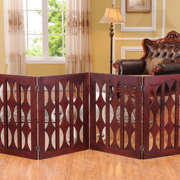 Emma Four Panel, 36 inch Pet Gate with Geometric Design in Mahogany Wood by Eleg