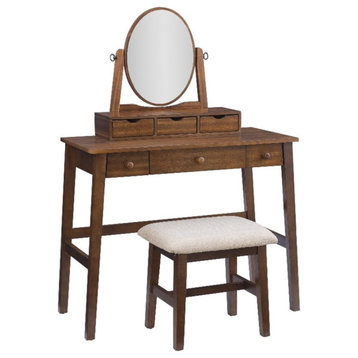 Linon Iris Wood Vanity & Padded Stool Set Oval Mirror 5 Drawers in Walnut Brown