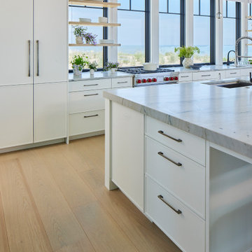 Kitchen Feature Wall with Paneled Refrigerator, Open Shelving & Professional-Gra