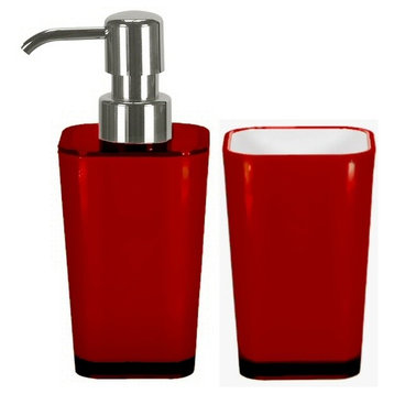 Bathroom Accessories Set, 2 Pieces, Liquid Soap Dispenser and Tumbler, Red