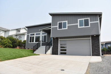 Mid-sized transitional gray two-story vinyl exterior home idea in Other with a green roof