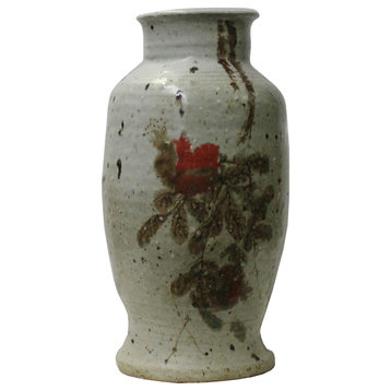 Handmade Ceramic Off White Gray Flower Graphic Jar Vase Hws1143
