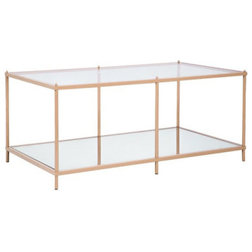 Contemporary Coffee Table, Iron Frame With Glass Top and Mirrored Shelf, Champagne