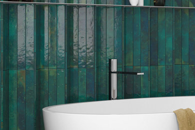 Example of a minimalist master turquoise tile and ceramic tile single-sink freestanding bathtub design in New York with flat-panel cabinets, white cabinets, glass countertops, white countertops and a floating vanity