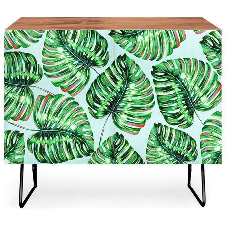 Deny Designs Tropical Greenery Credenza, Walnut, Black Steel legs