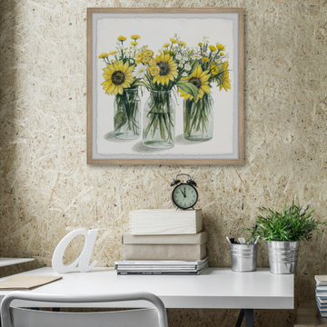 "Sunflowers in Glass Jars" Framed Painting Print