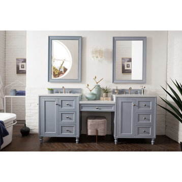 86 Inch Double Bath Vanity, Gray, Makeup Table, Carerra Marble, Transitional