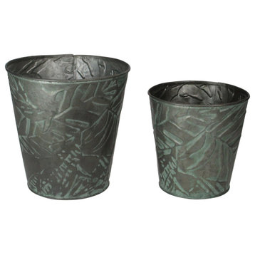 Set of 2 Patina Leaf Motif Planter Buckets 11"