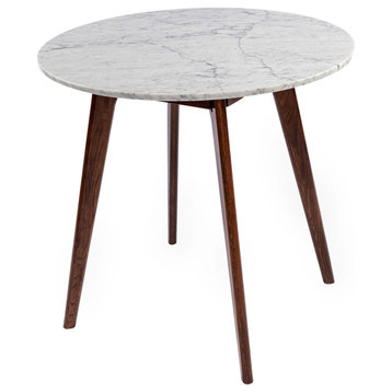 Avella 31" Round Italian Carrara White Marble Dining Table with Walnut Legs