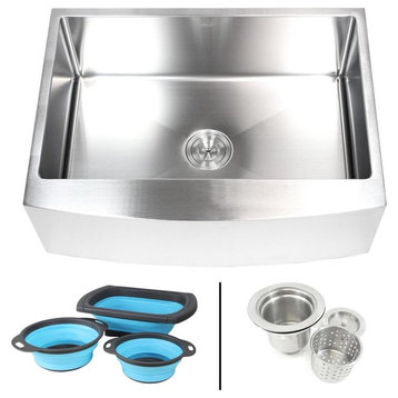 30" Apron Stainless Steel Curve Front Single Bowl Kitchen Sink With Colanders