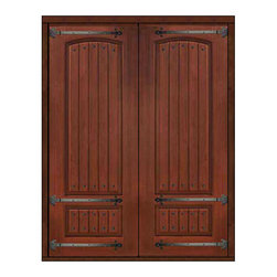 Prehung Entry Double Door 96 Fiberglass Rustic 2 Panel V-Grooved - Front Doors
