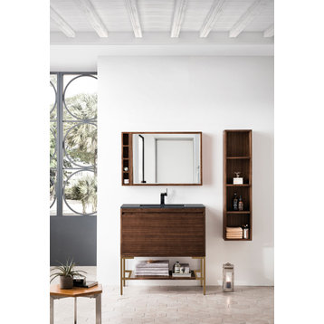 Milan 35.4" Single Vanity, Mid Century Walnut, Radiant Gold, Charcoal Black Top