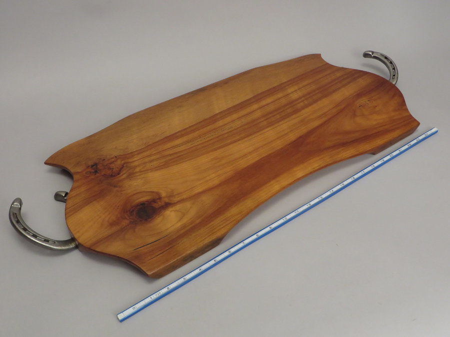 #15048 Hand-Carved Serving Tray. Reclaimed Beech & Horseshoe Handles