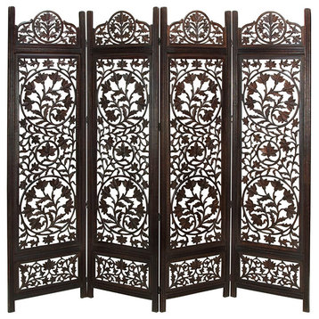 Handcrafted Wooden 4 Panel Room Divider Screen Lotus Pattern Reversible
