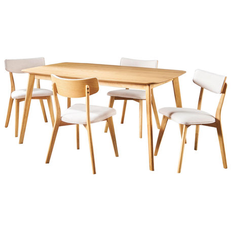 GDF Studio 5-Piece Antonio Mid Century Natural Oak Finished Dining Set, Light Beige