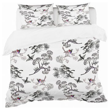 Floral Pattern With Birds Traditional Duvet Cover Set, Twin