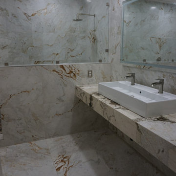White and rust master bathroom