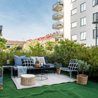 Minimalistisk inredning av en mellanstor uteplats på baksidan av huset