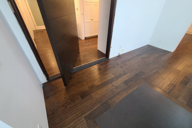 Foyer - large contemporary dark wood floor and brown floor foyer idea in Denver