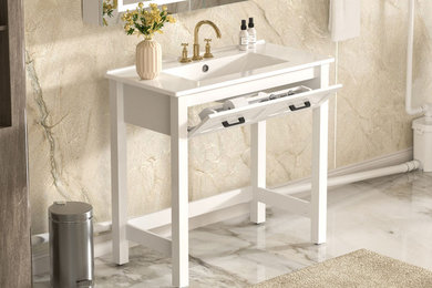 Bathroom - modern master single-sink bathroom idea with flat-panel cabinets, white cabinets, laminate countertops, white countertops and a freestanding vanity