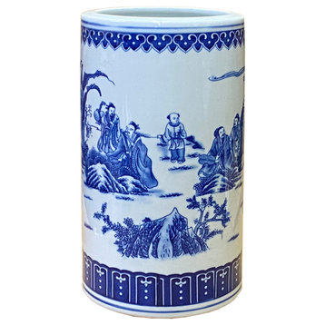 Chinese Oriental Blue White Column Porcelain Scenery Graphic Vase Hws2806