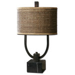 Uttermost - Uttermost Stabina Metal Table Lamp - Add transitional style to your space with the Uttermost Stabina Metal Table Lamp. This piece comes with a rustic bronze metal finish, burnished edges and a black marble foot. The oval shade is made of brown and tan rattan. Features: