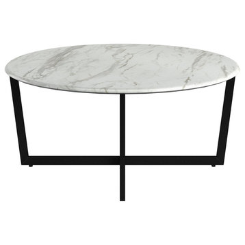 Llona 36" Round Coffee Table in Marble Melamine with Stainless Steel Base, White