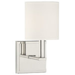 Savoy House - Waverly 1-Light Sconce, Polished Nickel - Chic and contemporary! The Waverly wall sconce is a sleek fixture to add a beautiful, polished layer of light to your home's overall interior lighting design. Plus, the clean lines and soft glow create a subtle and serene mood. The frame has an outlined, square wall plate and a bold, L-shaped light arm, with a bright, polished nickel finish. A streamlined, cylindrical white shade encloses one 60W, C-style bulb for lovely, glare-free illumination. The Waverly's elegance blends well with many decor styles, such as modern, farmhouse, and transitional. And the sconce measures 5" wide and 11" high, extending 6.5" from the wall an ideal fit for a bathroom, bedroom, dining area, living room, kitchen, family room, foyer, media room, office, or hallway.