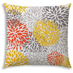 Joita, llc - Bursting Blooms Gray Indoor/Outdoor Pillow, Sewn Closure - BURSTING BLOOMS (gray) is a bright colored pillow made with gray, yellow and orange flowers on a white background. Looks stunning paired with orange, gray or yellow solid colored pillows. Constructed with an outdoor rated thread and fabric. Printed pattern on polyester fabric. To maintain the life of the pillow, bring indoors or protect from the elements when not in use. Spot clean, hang to dry. Do not dry clean. One complete pillow with stuffing and sewn closure.