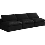 Meridian Furniture - Plush Velvet / Down Standard Comfort Modular Sofa, Black, 3-Piece: 3 Armless Chair - No matter how big or little the size of your gang, they can all find their sweet spot when you choose pieces from the Plush collection to build your ideal seating group. Choose this individual Plush piece or pair multiple pieces together to get the custom look everyone will love. The soft black velvet material is soft and welcoming to the touch, and the set's cushions are overstuffed with a down and feather blend to provide ample support for tired bodies.