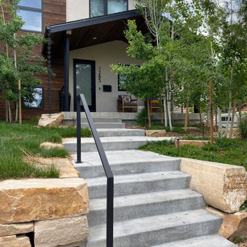 Mountain inspired minimalist boulder retaining walls and plantings.