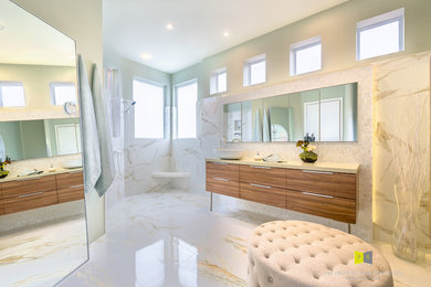 Inspiration for a large contemporary mosaic tile porcelain tile walk-in shower remodel in Miami with a two-piece toilet, green walls, a vessel sink and quartzite countertops