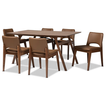 7 Piece Dining Set, 6 Chairs With Faux Leather Seat & Large Table, Walnut Brown