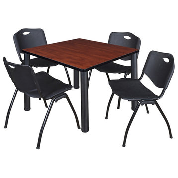 Kee 36" Square Breakroom Table- Cherry/ Black & 4 'M' Stack Chairs- Black