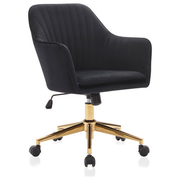 Modern Home Office Chair 360 Swivel, Tufted Velvet Desk Chair, Black/Gold