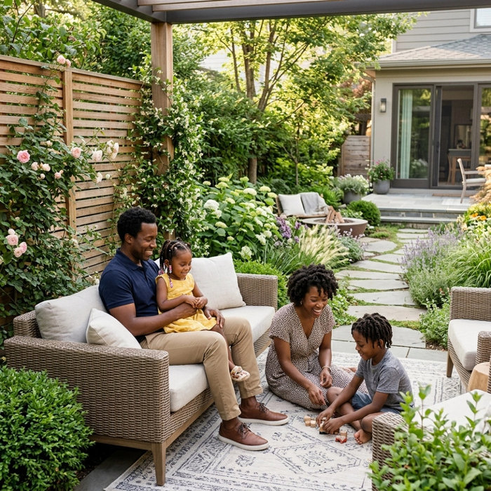 A family enjoying in their front yard